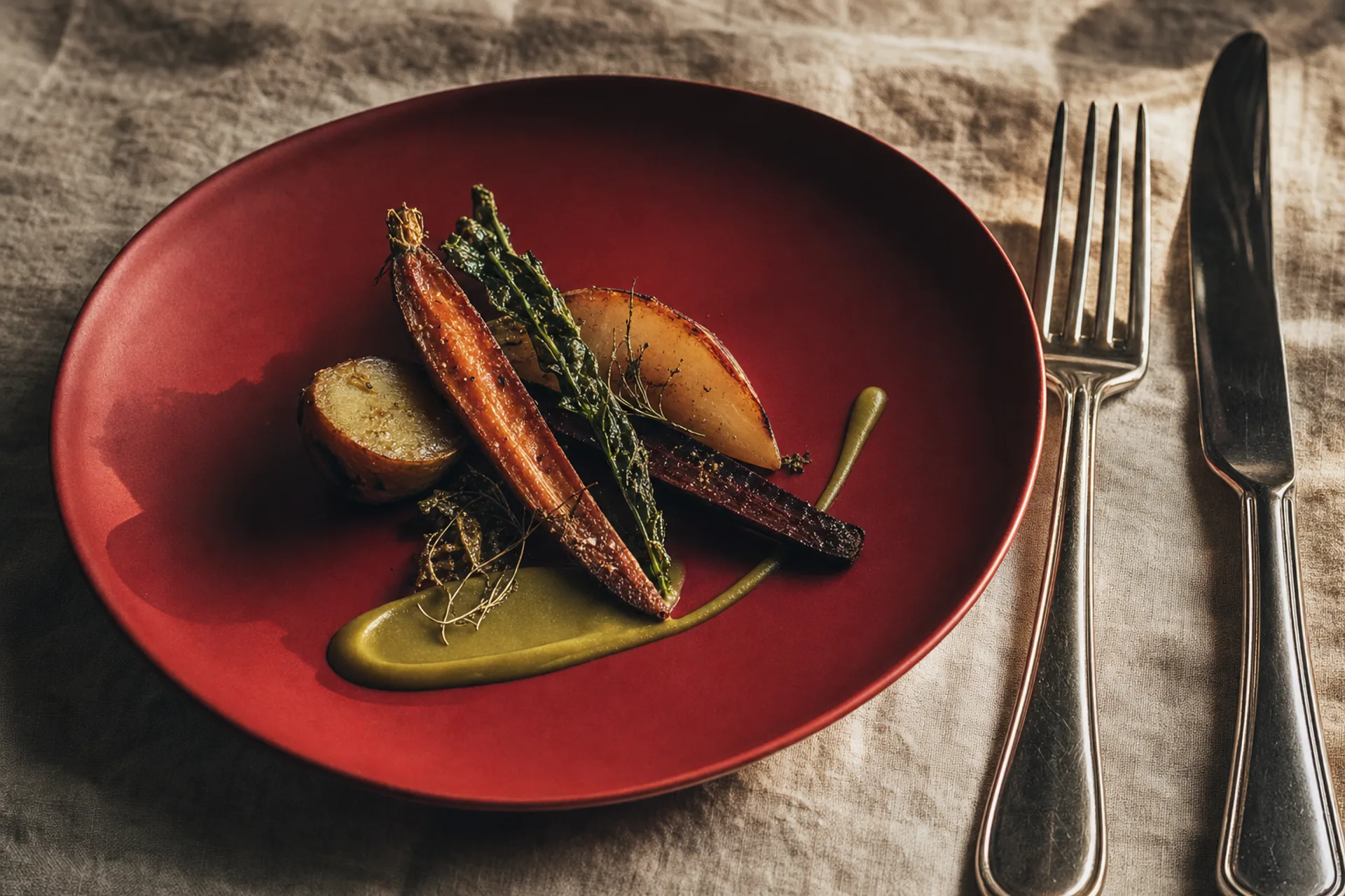 Assiette de légumes de saison sur une nappe de lin, couverts posés à côté.