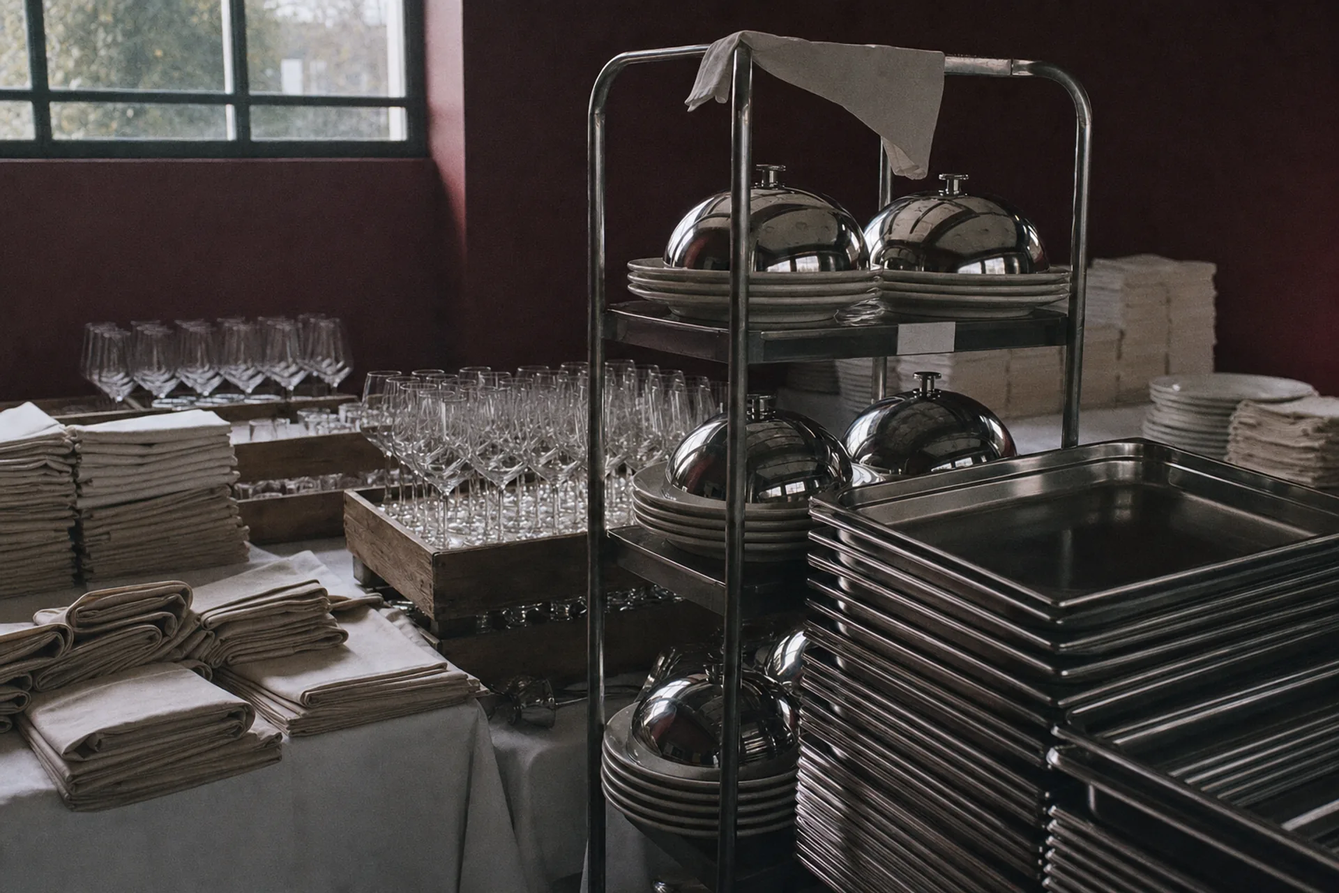 Zone de mise en place : plateaux inox, cloches, piles de serviettes en lin et caisses de verres.